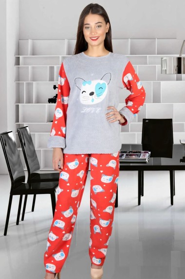 Pijama dama cocolino pufoasa cu imprimeu Pisicuta love Rosu/Gri