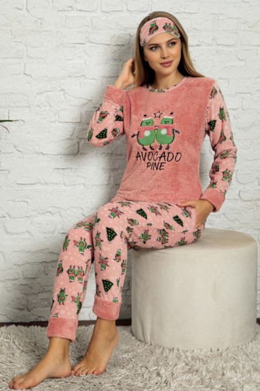 Pijama dama cocolino pufoasa cu imprimeu Avocado Corai