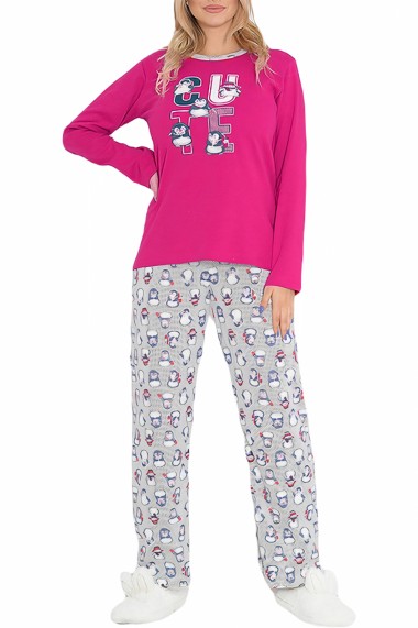 Pijama dama bumbac confortabila cu imprimeu Pinguini Roz