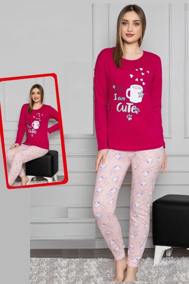 Pijama dama bumbac confortabila cu imprimeu Cute Visiniu