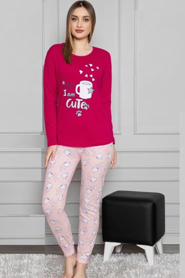 Pijama dama bumbac confortabila cu imprimeu Cute Visiniu