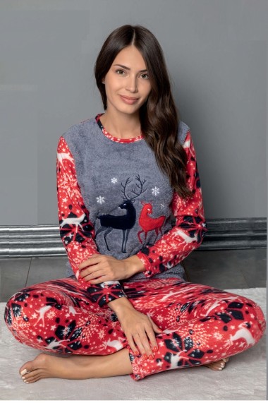 Pijama dama cocolino pufoasa cu imprimeu Reni Craciun