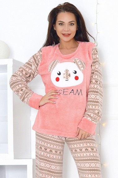 Pijama dama cocolino pufoasa cu imprimeu Dream Roz somon