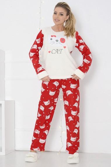 Pijama dama cocolino pufoasa cu imprimeu Cat Rosu Alb