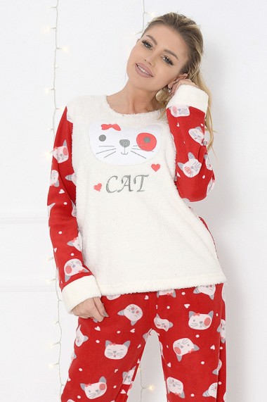 Pijama dama cocolino pufoasa cu imprimeu Cat Rosu Alb