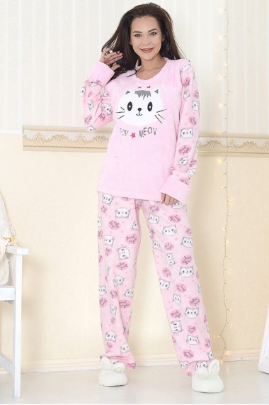 Pijama dama cocolino pufoasa cu imprimeu Pisica Miau Roz deschis