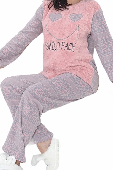 Pijama dama cocolino pufoasa cu imprimeu Smiley