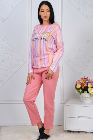 Pijama dama bumbac confortabila cu imprimeu Meow Gang corai