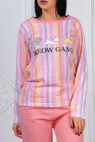 Pijama dama bumbac confortabila cu imprimeu Meow Gang corai