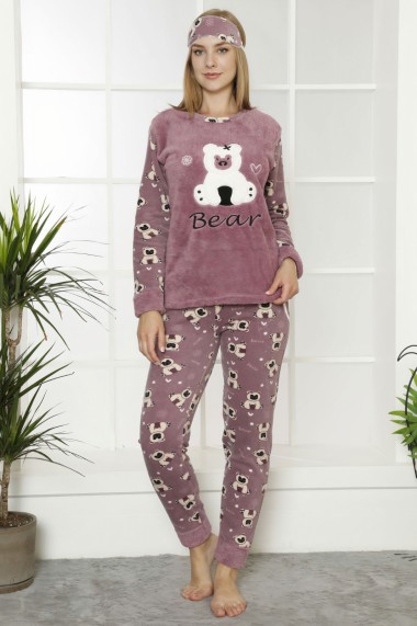 Pijama dama cocolino pufoasa cu imprimeu Happy Bear mov