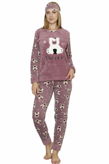 Pijama dama cocolino pufoasa cu imprimeu Happy Bear mov
