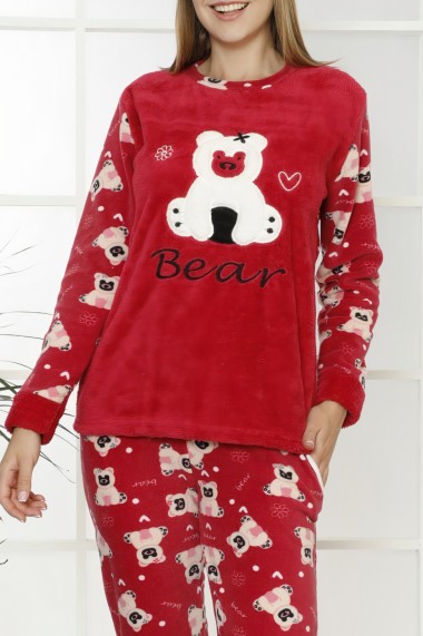 Pijama dama cocolino pufoasa cu imprimeu Happy Bear rosu
