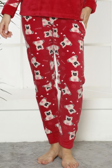 Pijama dama cocolino pufoasa cu imprimeu Happy Bear rosu