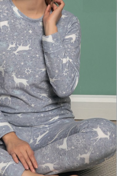 Pijama dama cocolino polar pufoasa cu imprimeu Reni Craciun