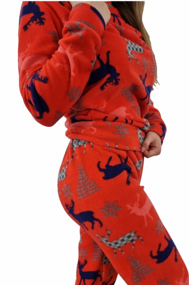 Pijama dama cocolino polar pufoasa cu imprimeu Reni Craciun rosu