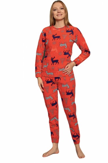 Pijama dama cocolino polar pufoasa cu imprimeu Reni Craciun rosu