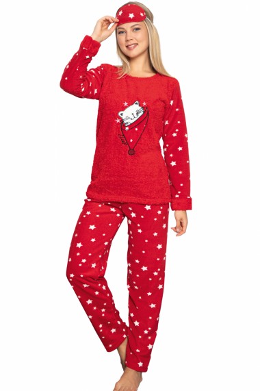Pijama dama cocolino pufoasa cu imprimeu Pisicuta sleep rosu