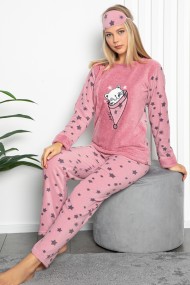 Pijama dama cocolino pufoasa cu imprimeu Pisicuta sleep corai