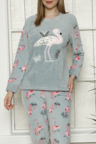 Pijama dama cocolino pufoasa cu imprimeu Flamingo vernil