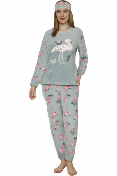 Pijama dama cocolino pufoasa cu imprimeu Flamingo vernil