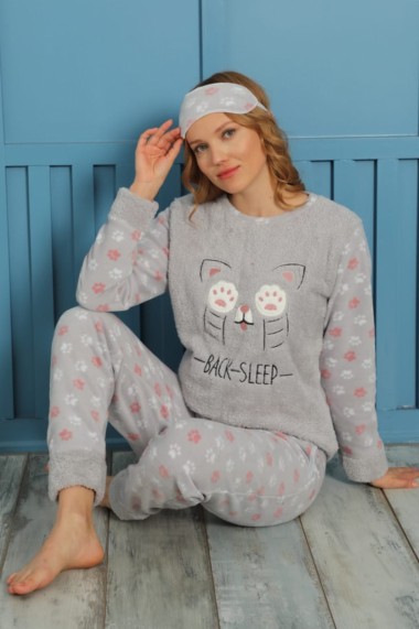 Pijama dama cocolino pufoasa cu imprimeu Pisicuta back sleep gri