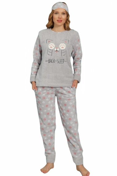 Pijama dama cocolino pufoasa cu imprimeu Pisicuta back sleep gri