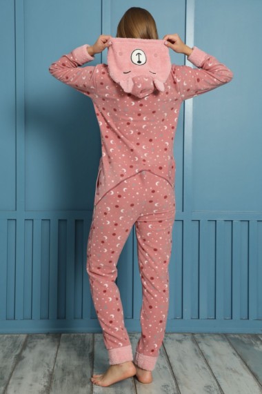 Pijama dama intreaga tip salopeta kigurumi pufoasa inchidere fermoar fata-spate si gluga
