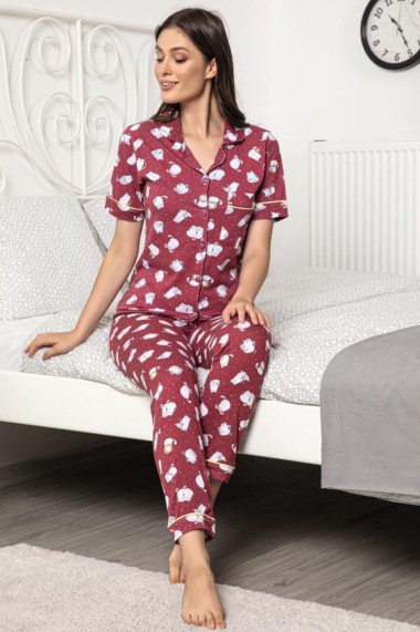 Pijama dama bumbac confortabila maneci scurte imprimeu Pisicute rosu
