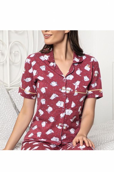 Pijama dama bumbac confortabila maneci scurte imprimeu Pisicute rosu