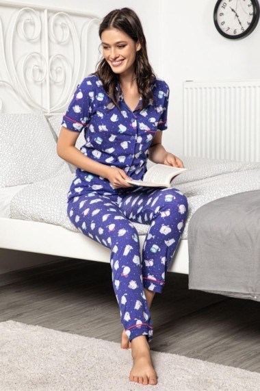 Pijama dama bumbac confortabila maneci scurte imprimeu Pisicute albastru