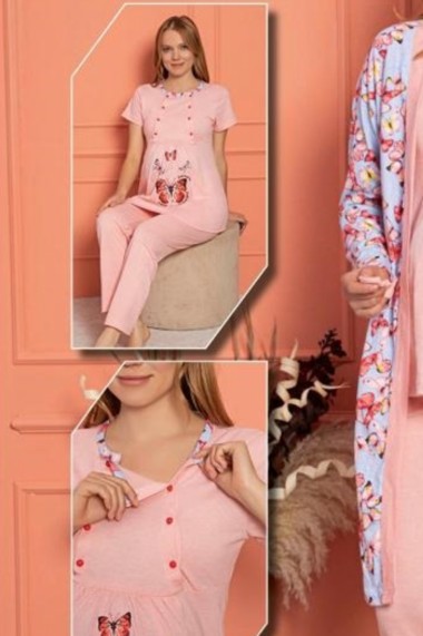 Pijama gravida bumbac set 3 piese deschidere nasturi pentru alaptat corai