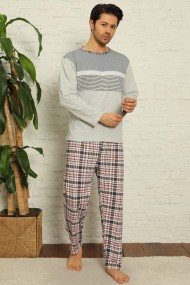 Pijama bumbac barbat cu maneci si pantaloni lungi model carouri gri