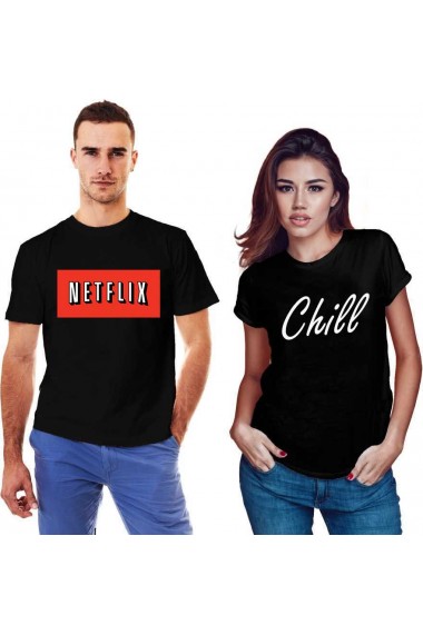 Set doua tricouri negre pentru cupluri - Netflix & Chill