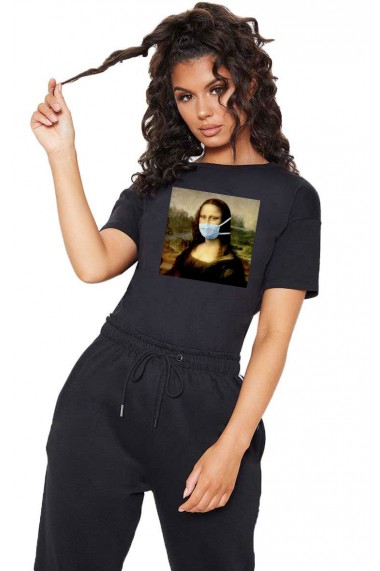Tricou dama negru - Mona Lisa in Pandemie