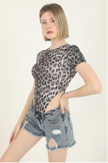 Body dama imprimeu Animal print-Leopard cu maneca scurta top elastic Gri