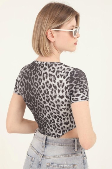 Body dama imprimeu Animal print-Leopard cu maneca scurta top elastic Gri