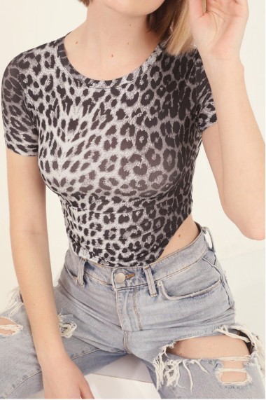 Body dama imprimeu Animal print-Leopard cu maneca scurta top elastic Gri