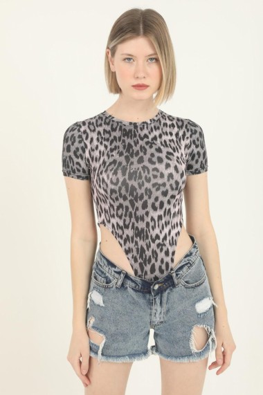 Body dama imprimeu Animal print-Leopard cu maneca scurta top elastic Gri