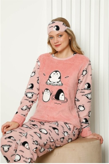 Pijama dama cocolino pufoasa cu imprimeu Pinguini fericiti