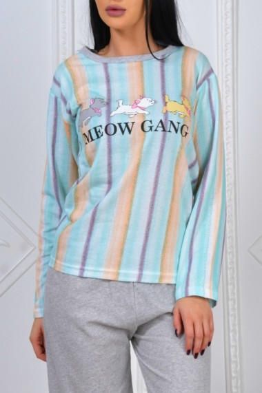 Pijama dama bumbac confortabila cu imprimeu Meow Gang gri