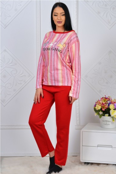 Pijama dama bumbac confortabila cu imprimeu Meow Gang rosu
