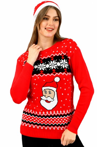 Pulover dama tricotat imprimeu tematica Mos Craciun Rosu marime Universala-cadou craciun