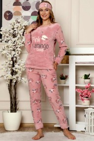 Pijama dama cocolino pufoasa cu imprimeu Flamingo corai-cadou masca somn ochi