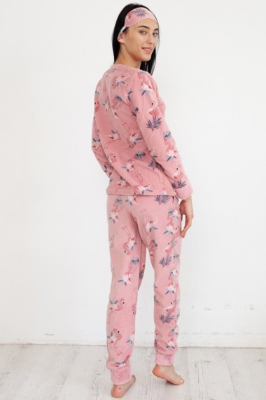 Pijama dama cocolino pufoasa cu imprimeu Flamingo corai-cadou masca somn ochi