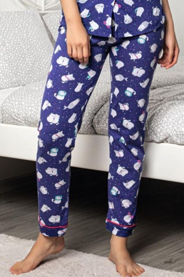 Pijama dama bumbac confortabila maneci scurte imprimeu Pisicute albastru