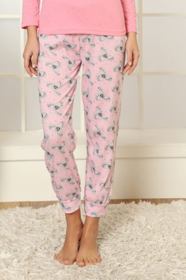 Pijama dama din bumbac confortabila maneci lungi Happy roz