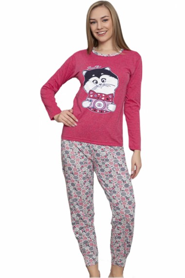 Pijama dama din bumbac confortabila maneci lungi Pisicuta rosu