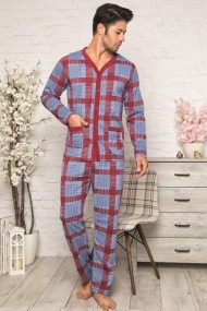 Pijama bumbac barbat maneci si pantaloni lungi buzunare laterale albastru/visiniu