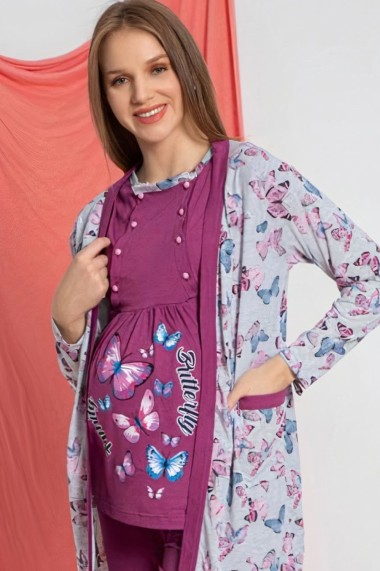 Set pijama gravida bumbac 3 piese deschidere nasturi pentru alaptat mov