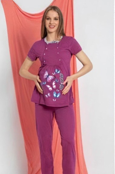 Set pijama gravida bumbac 3 piese deschidere nasturi pentru alaptat mov